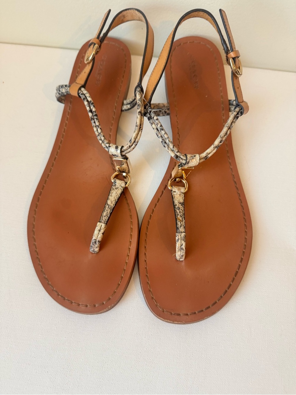 Women's T-Strap Sandals in Tan and Snake Print